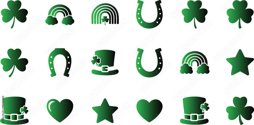 Naklejka premium St Patricks Day icons set with green clover leafs horseshoes rainbows hats stars hearts on white background for celebration and luck symbols