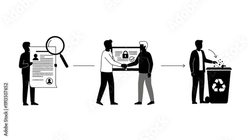 Illustration of a hiring process from resume review to trash bin