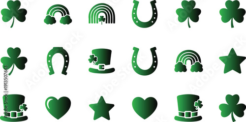 St Patricks Day icons set with green clover leafs horseshoes rainbows hats stars hearts on white background for celebration and luck symbols