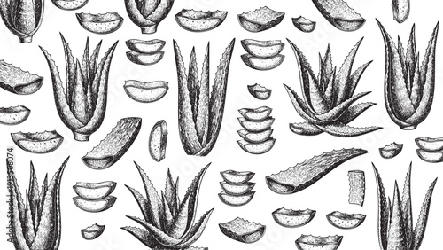 Wooden Engraving Aloe Vera on White Background