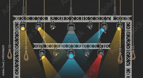 Stage lighting rig with spotlights and ropes concert equipment for live performance entertainment event setup vector illustration