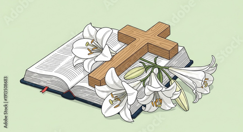 Wooden cross on open bible with white lilies symbolizing faith resurrection and Easter isolated on a soft green background