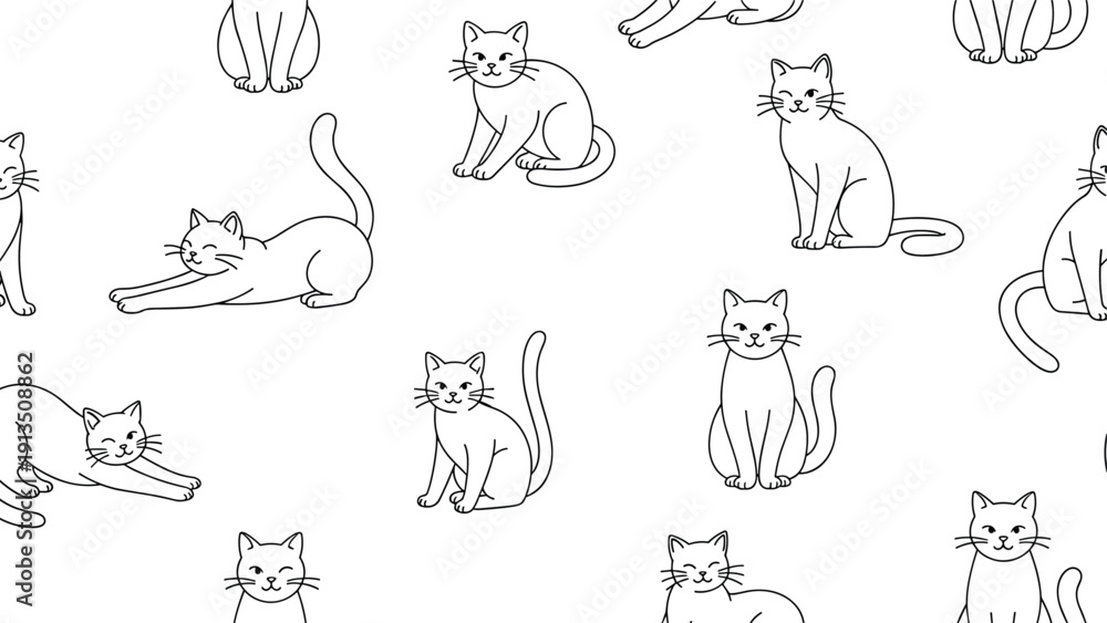 Fototapeta premium Charming seamless pattern consists of simple black and white cat outlines in various positions like sitting and stretching on a white backdrop.