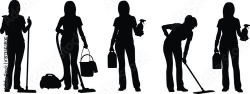 Cleaning service worker silhouette set with vacuum cleaner, mop and spray bottle isolated on white background for housekeeping and janitorial concept