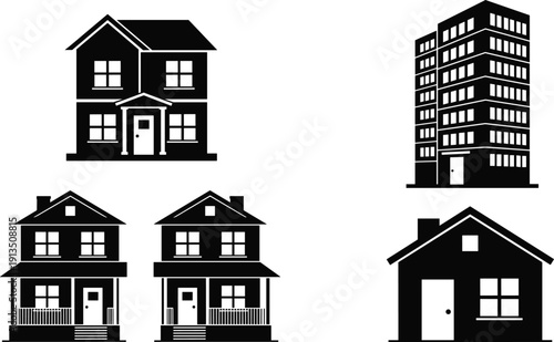 Collection of black and white house silhouettes including residential suburban homes, modern apartment buildings, duplexes, and small cottages for architectural vector design elements isolated on 