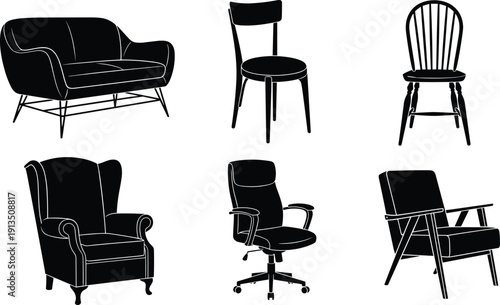 Chair silhouettes collection featuring armchair, office chair, wooden and modern seating furniture isolated on white background for interior design and home decor concept