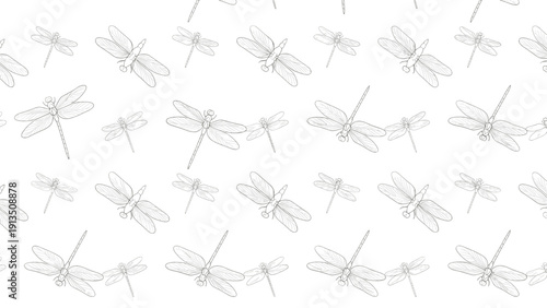 Detailed seamless pattern features numerous dragonfly sketches in various sizes and orientations flying across a clean white background.
