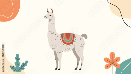 Stylized white llama wearing a colorful patterned saddle stands in the center of a background decorated with warm abstract shapes and leaves.