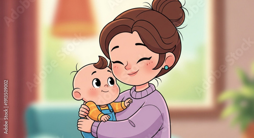 Happy mother holding her baby tender family moment illustration for parenting and love concepts isolated on white