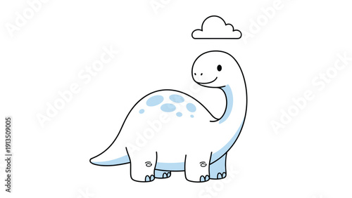 Adorable cartoon brontosaurus dinosaur with blue spots and a small cloud floating above on a white background.