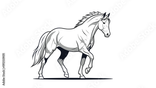 Artistic black and white illustration of a majestic horse trotting forward with a very detailed mane and tail.