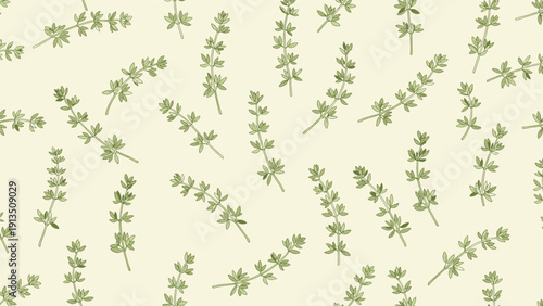 Herb pattern featuring hand drawn sprigs of green thyme scattered over a light cream colored background.
