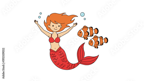Colorful illustration of a happy mermaid with orange hair swimming alongside two clownfish under the sea.