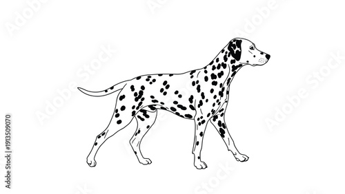 Elegant black and white outline illustration of a dalmatian dog walking in profile over a clean white background.