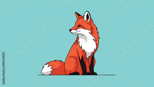 Stunning illustration of a red fox sitting and looking over its shoulder against a bright turquoise background.