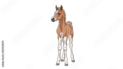 Young brown horse foal standing alert against a plain white background in a detailed vector illustration style.