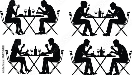 Couple dining at restaurant table silhouette set with romantic dinner scenes isolated on white background 