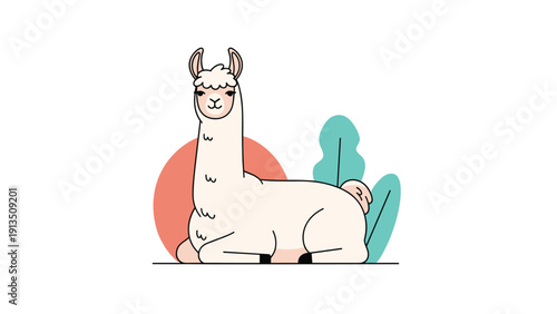 Cute white llama sitting comfortably on the ground with a large sun and green plants in the background using a flat design style.
