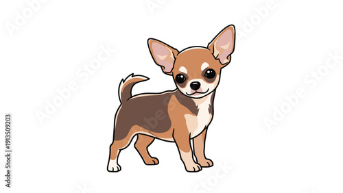 Small brown and white chihuahua puppy standing and looking forward with its large ears in a cute cartoon illustration style.