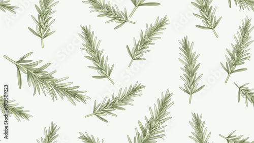 Elegant seamless pattern of green rosemary herb branches with thin leaves scattered across a light off-white colored background.