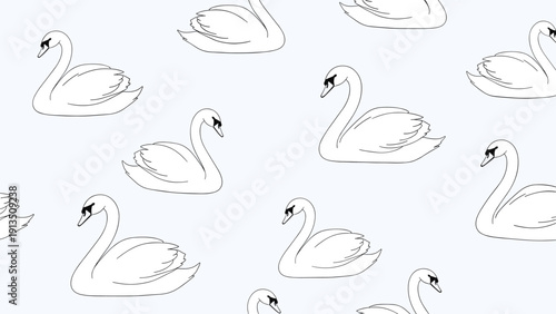 Seamless pattern featuring thin black outlines of elegant swans swimming gracefully on a very light blue colored background.