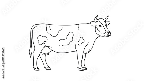 Simple and clean black and white line drawing of a spotted dairy cow standing calmly on a plain white isolated background.
