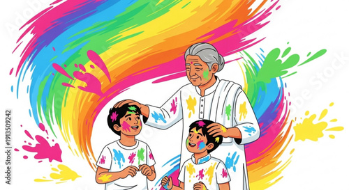 Family celebrating Holi festival with colorful powder grandmother and grandchildren playing vibrant abstract background