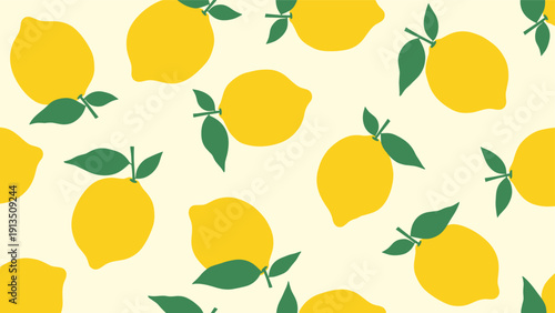 Bright and cheerful seamless pattern of ripe yellow lemons with small green leaves on a pale cream colored background.