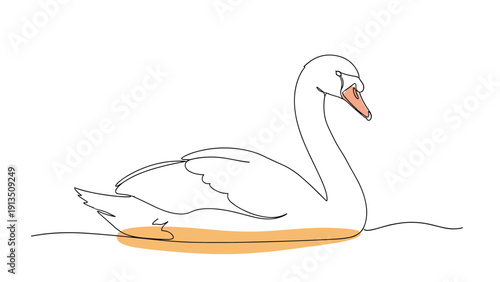 Artistic single continuous line drawing of a graceful swan swimming with a simple orange water ripple effect underneath.