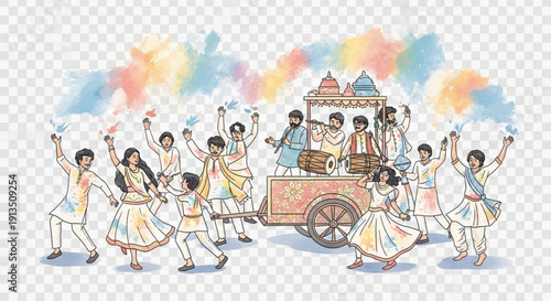 Indian festival celebration with people dancing and playing colors traditional music and vibrant powder illustration for cultural events