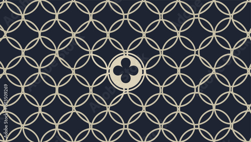 Geometric pattern of cream colored interlocking rings on a dark navy blue background with a central floral motif or symbol.