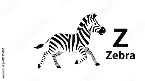 Educational illustration featuring a striped zebra running with a large letter Z and the word Zebra next to it for learning.