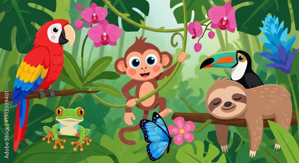 Naklejka premium Cute jungle animals and tropical flowers cartoon illustration for childrens books and educational materials vibrant rainforest scene