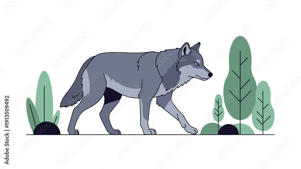 Fototapeta premium Stylized illustration of a grey wolf walking through a forest of minimalist green trees, set against a clean white background.