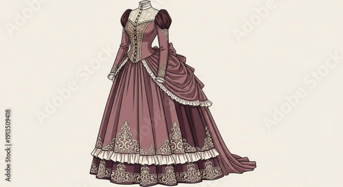 Victorian era gown elegant historical dress with intricate details illustration for fashion history and costume design