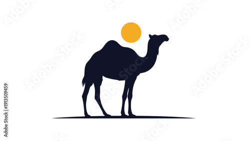 Minimalist dark silhouette of a dromedary camel standing on a thin ground line with a bright yellow sun in the background.