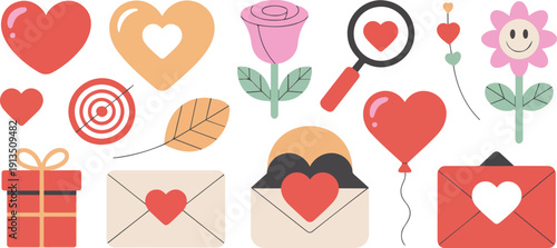 A flat, minimalist illustration set of Valentine's Day and romantic elements arranged on a white background.