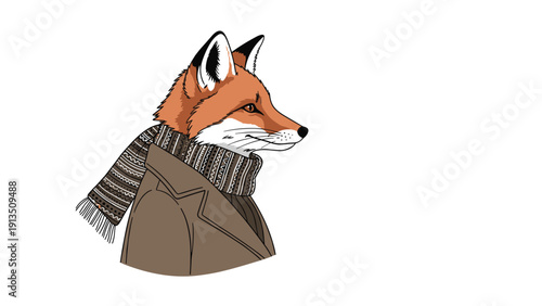 Sophisticated illustration of a red fox head wearing a warm brown coat and a patterned scarf in a detailed profile view.