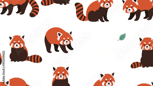 Adorable seamless pattern featuring red pandas in sitting and standing poses, with their bushy striped tails and cute facial markings.
