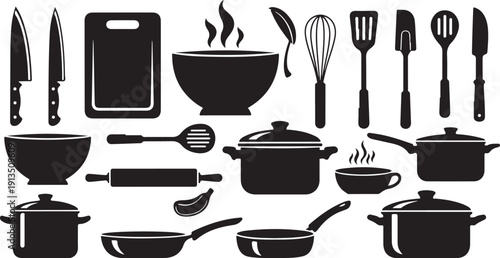 Kitchen Utensils and Cookware Silhouettes for Cooking and Recipes