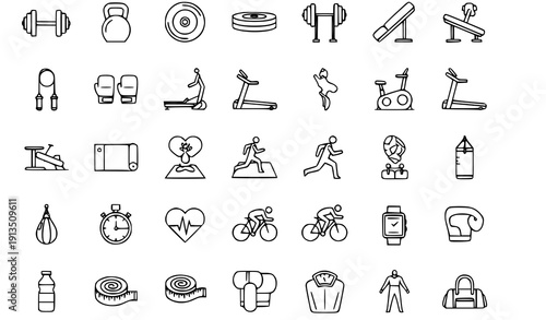 Minimal Fitness and Gym Line Icons Set with Workout and Wellness Symbols Vector