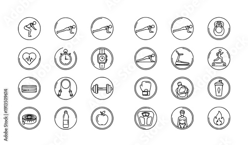 Fitness and Workout Circular Line Icons Collection for Gym and Healthy Lifestyle