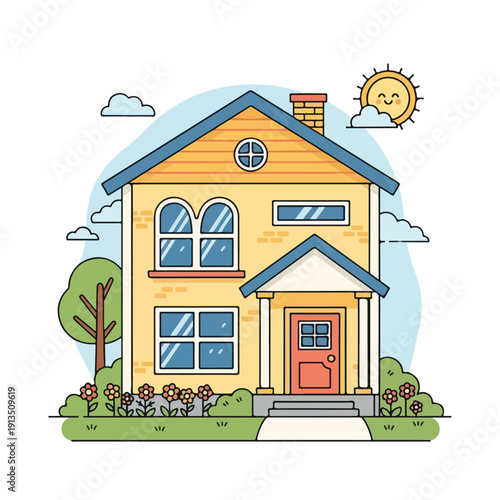 A charming two-story house illustration with a smiling sun and flowers