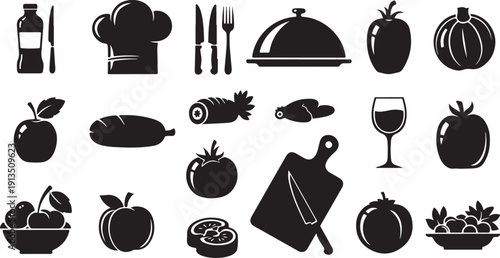 Food and drink icons in black silhouette style graphics