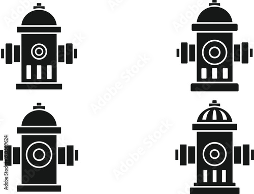 Fire hydrant silhouette icons set in black color with multiple styles isolated on white background for firefighting safety equipment design concept