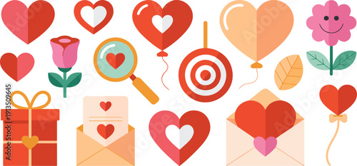A flat, minimalist illustration set of Valentine's Day and romantic elements arranged on a white background.