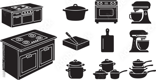 Black and white kitchen utensils and appliances illustration set
