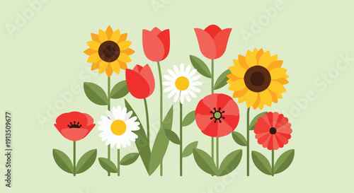 A cheerful illustration of various blooming flowers in a simple, flat design