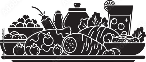 Food illustration with various healthy meal ingredients and products