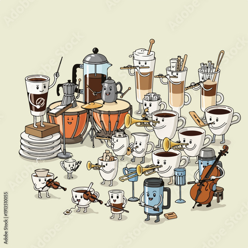 A cartoon orchestra composed of various coffee-related character types